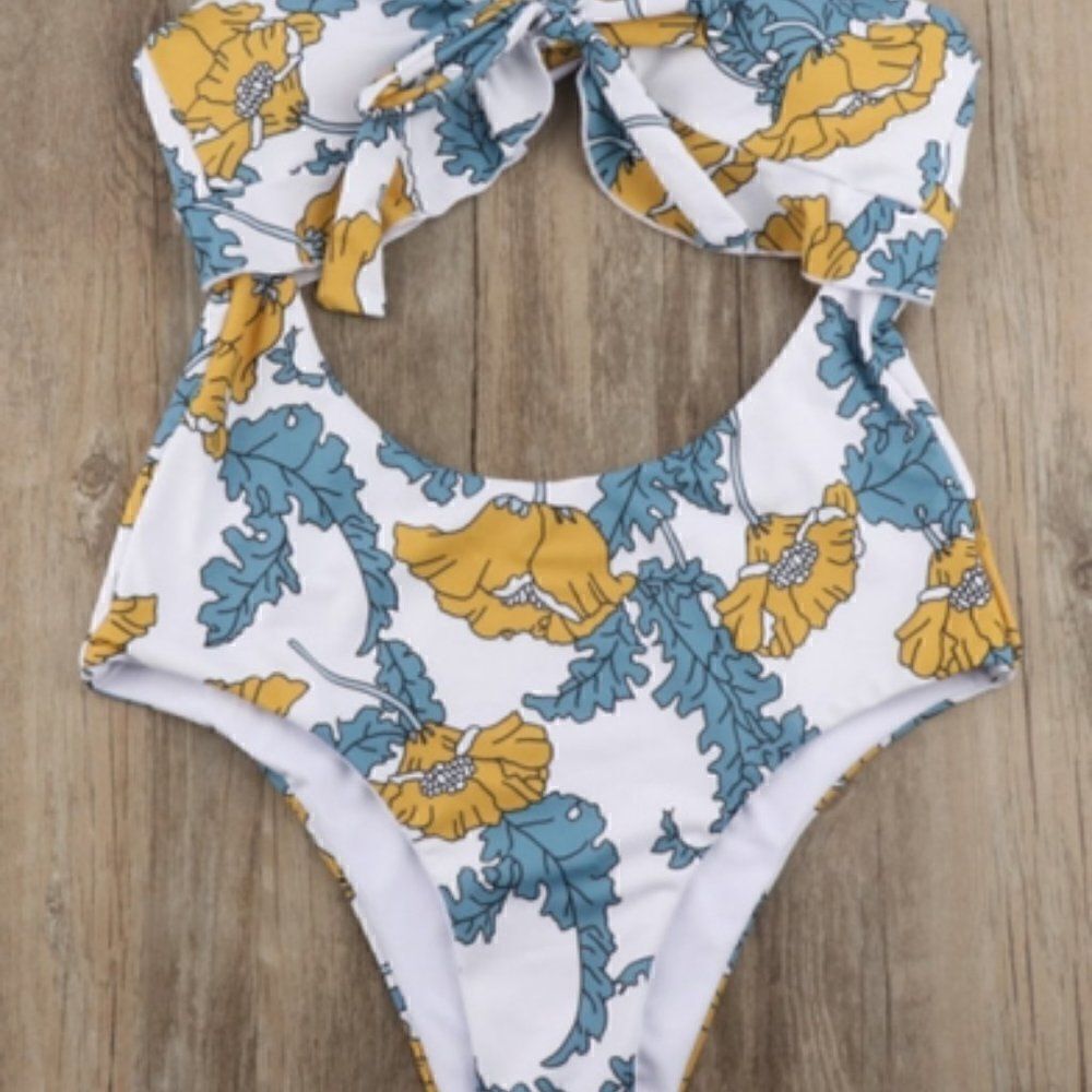 Monkini Suit Junior XL Gold Blue Floral Halter Tie Cut Out - Picture 4 of 12